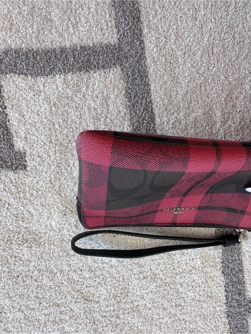 Coach Red and Black Plaid Signature Zip Wristlet